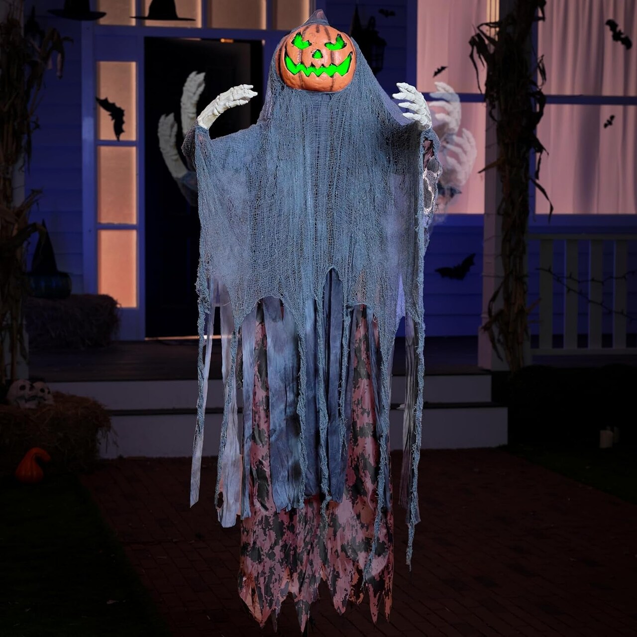 67" Halloween Animatronics Standing Pumpkin Ghost with Light-Up Head, Movable Arms (Sound Activated) for Halloween Decorations Animated Life Size Ghost Outdoor/Indoor Yard Patio Lawn Decor